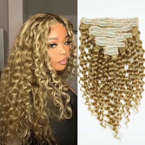 Blonde Clip in Hair Extensions Real Human Hair Deep Curly Glueless Extensions for Black Women 100g/3.5oz Remy Wear and Go 8pcs Double Wefts Invisible Seamless Clip ins Hair 16 inch Wet and Wavy