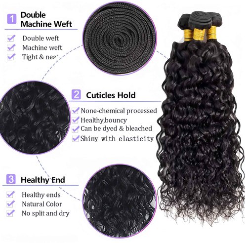 SHWAIR Water wave bundles 12A 100% Unprocessed Deep human hair bundles with Hair Extensions Natur weave Curly human hair natural blcak color for women (Natural Black, Water 20 22 24 inch 100g/bundle)