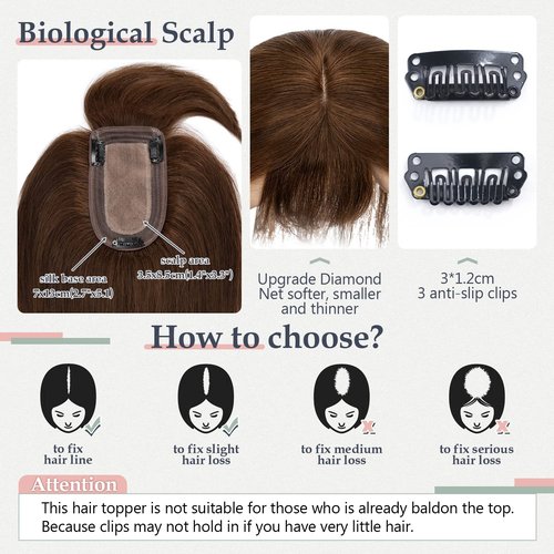 SLEEKALON Real Human Hair Topper - 150% Density Silk Base Brown Hair Topper with Bangs (14 Inch,04#)