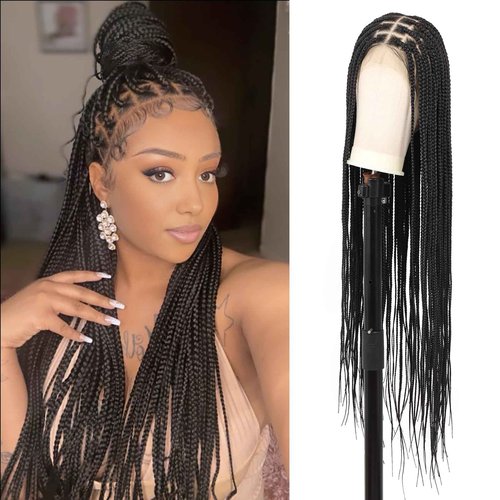 Youthfee 360° HD Full Lace Knotless Braided Wigs for Women Box Braided Wigs with Baby Hair Premium Synthetic Natural Looking Braid Lace Front Wigs Black 36 Inch