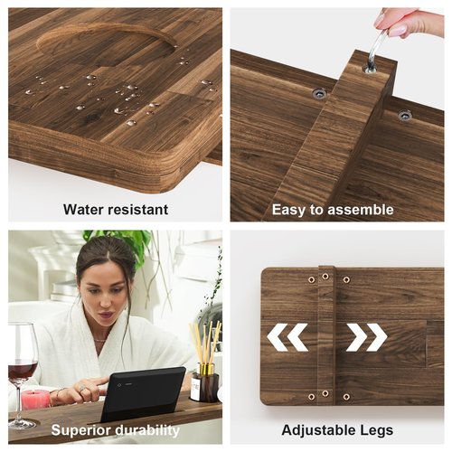 Premium Bathtub Tray Caddy, Solid Acacia Wood Bath Tray for Tub, Adjustable Bath Tub Tray for Freestanding Tubs, Anti-Tipping, Sustainable Tub Tray, Holder for Tablet with Book and Wine Glass Holder