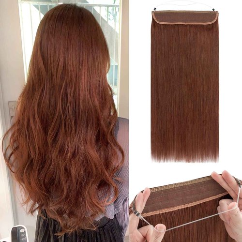 Benehair Human Hair Extensions Thick Ends Invisible Wire Real Human Hair with 2 Fish Lines Thicker Hairpieces 18inch 100g Dark Auburn Hair Extensions Straight Thicker Hairpieces for Women #33