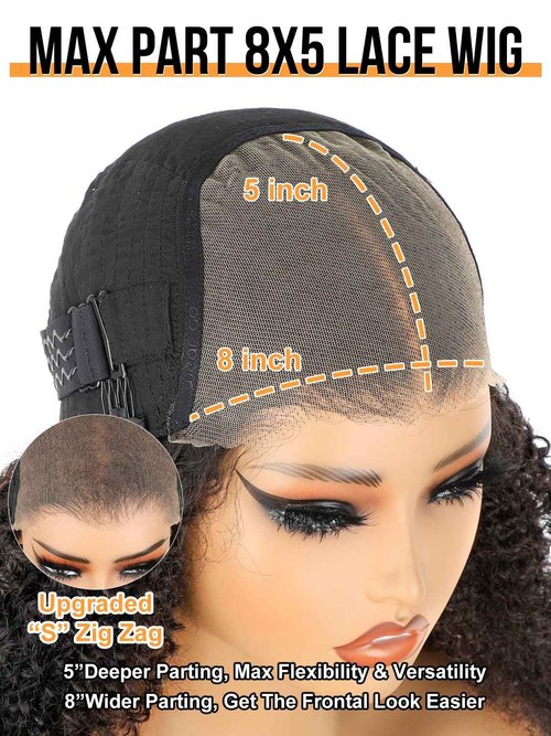 Domiso Afro Kinky Curly Wig Human Hair 8x5 M-Cap Max Part Knots Bleached Glueless Wigs Human Hair Plucked Pre Cut Lace Wig Big Fluffy Curl 16 Inch