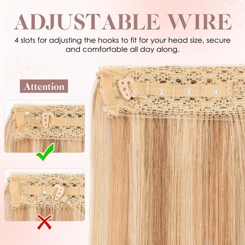 S-noilite Halo Hair Extension Invisible Wire in Real Remy Human Hair Extensions with Clips Adjustable Hidden Wire in Hair Extension for Women 16 inch Camel Bown Highlighted Blonde