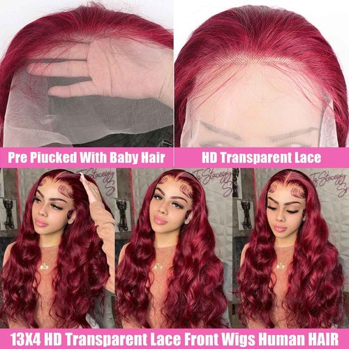 ZGBZGB 99j Burgundy Lace Front Wigs Human Hair 13x4 HD Transparent Body Wave Lace Front Wigs Human Hair Pre Plucked 180% Density Glueless Red Human Wigs for Women (24 Inch)