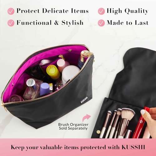 KUSSHI Washable Travel Makeup & Cosmetic Bag - Brush Organizer Sold Separately (Signature, Satin Black/Pink)