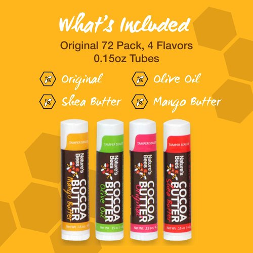 Nature's Bees, Cocoa Butter Lip Balms, Lip Moisturizer Treatment - Pack of 72, (Original Variety Assortments - Original, Olive Oil, Mango Butter, Shea Butter)