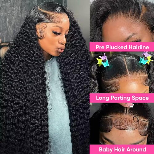Arseomi Deep Wave Lace Front Wigs Human Hair 200% Density13x6 HD Transparent Deep Wave Lace Frontal Wigs Pre Plucked Deep Wave Wig Glueless Curly Lace Front Wigs for Women (22 Inch)