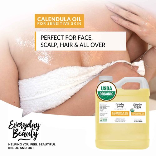 Organic Calendula Oil For Sensitive Skin -Bulk 32 Fl Oz- USDA Organic Certified 100% All Natural Plant Based, Lightweight & Unscented Gentle Soothing Oil For Sensitive Skin - For Face, Skin & All Over