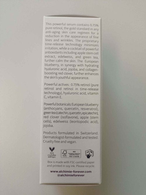 Alchimie Forever Advanced Retinol Anti-Aging Serum 0.75% Pure Retinol + Hyaluronic Acid Time Release Technology Rapid Wrinkle & Age Spots Repair 1oz