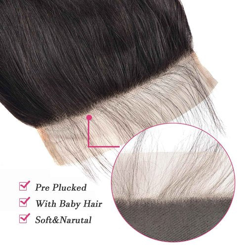 6x6 Closure Straight Wave Closure Transparent Lace Frontal Closure Brazilian Human Hair With Baby Hair Pre Plucked Free Part Bleached Knot Brazilian Virgin Hair Natural Color （6x6，20 Inch）