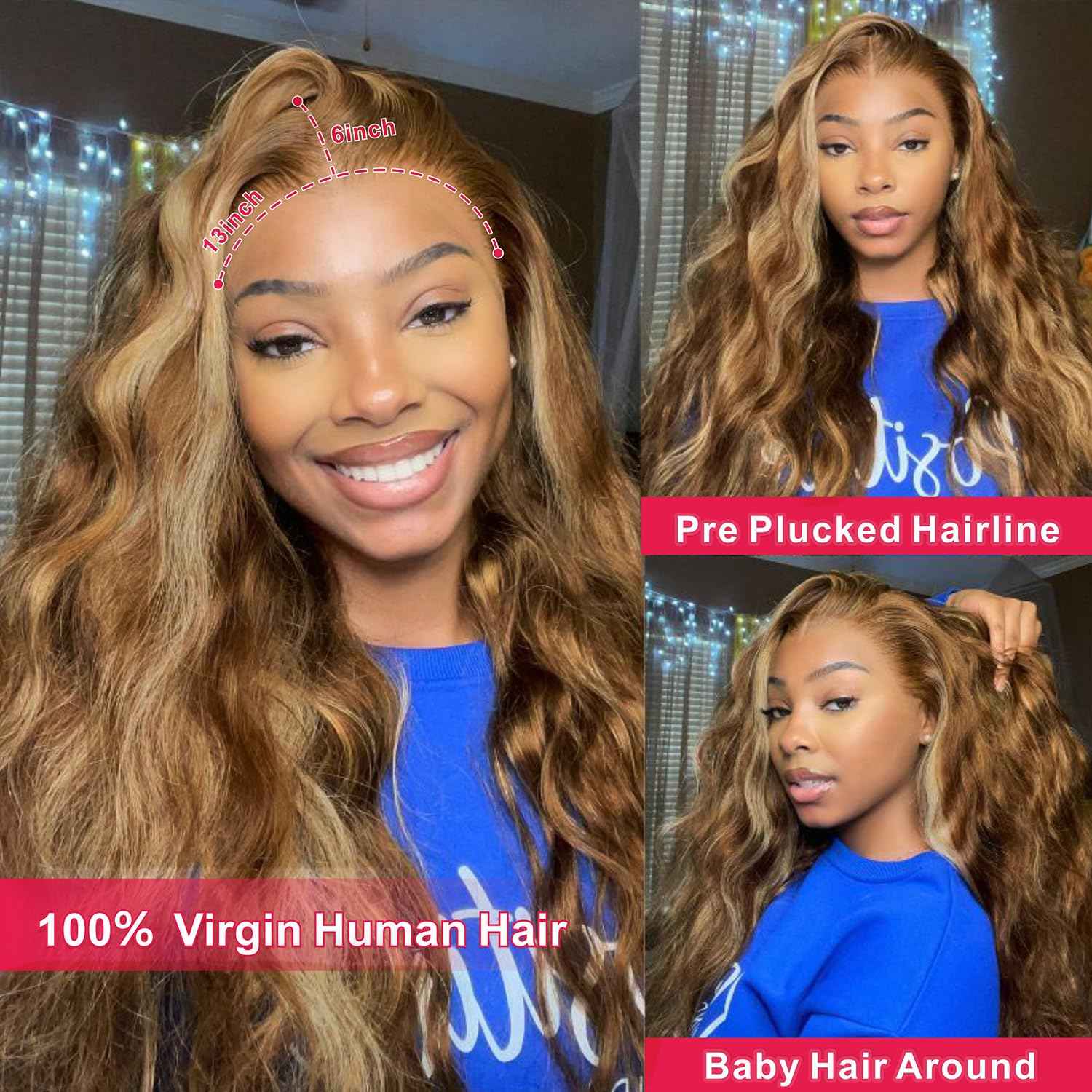 MARUOL Honey Blonde Ombre 13x6 Lace Front Wigs Human Hair 200% Density Highlight Body Wave HD Lace Front Wigs Pre Plucked Glueless P4/27 Colored Wig for Women Average Cap Tangle Free 22in