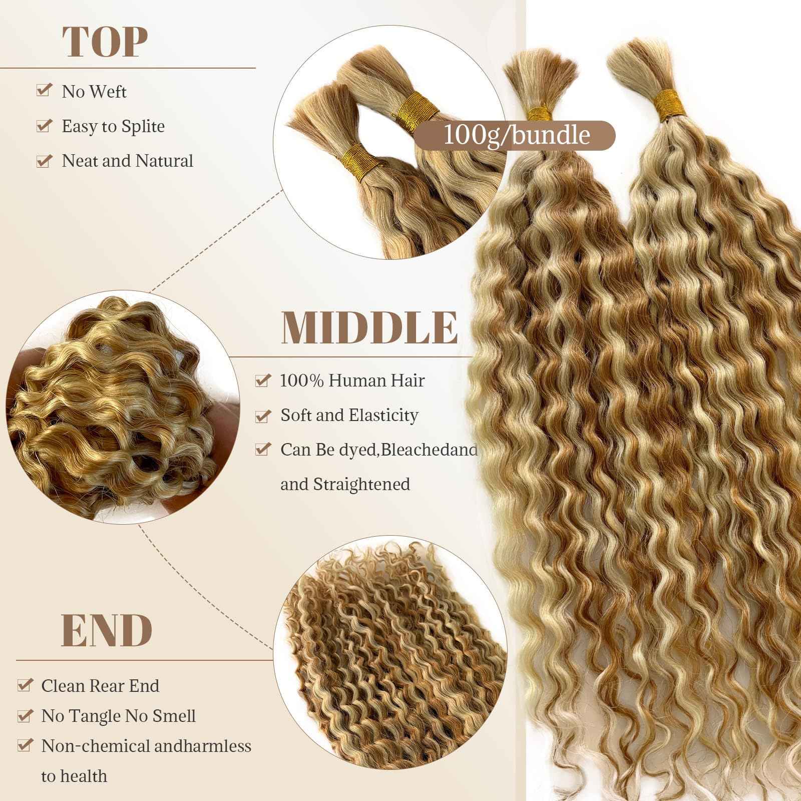 Human Braiding Hair 22 Inch 2 Bundles100g Braiding Hair No Weft Water Wave Bulk Human Hair for Braiding Honey Blonde to Bleached Blonde Highlight Hair Extensions for Boho Braids Wet and Wavy