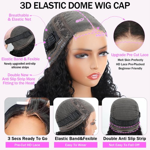 Put On and Go Glueless Wigs Human Hair Pre Plucked Pre Cut Lace Closure Wigs for Black Women 200% Density Glueless Deep Curly Bob Wig Human Hair 30 Seconds Install for Beginners Natural Color 14 Inch