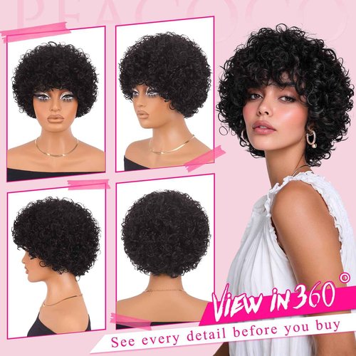 PEACOCO Short Curly Bob Wig Human Hair Afro Kinky Curly Human Hair Wigs for Black Women 8 Inch Short Curly Wig with Bangs Glueless, 1B