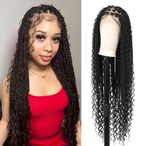 Kalyss HD Full Lace Boho Braided Wigs for Women 360 Lace Front Twist Braided Wigs with Baby Hair Black Premium Synthetic Knotless Braid Wig 36"