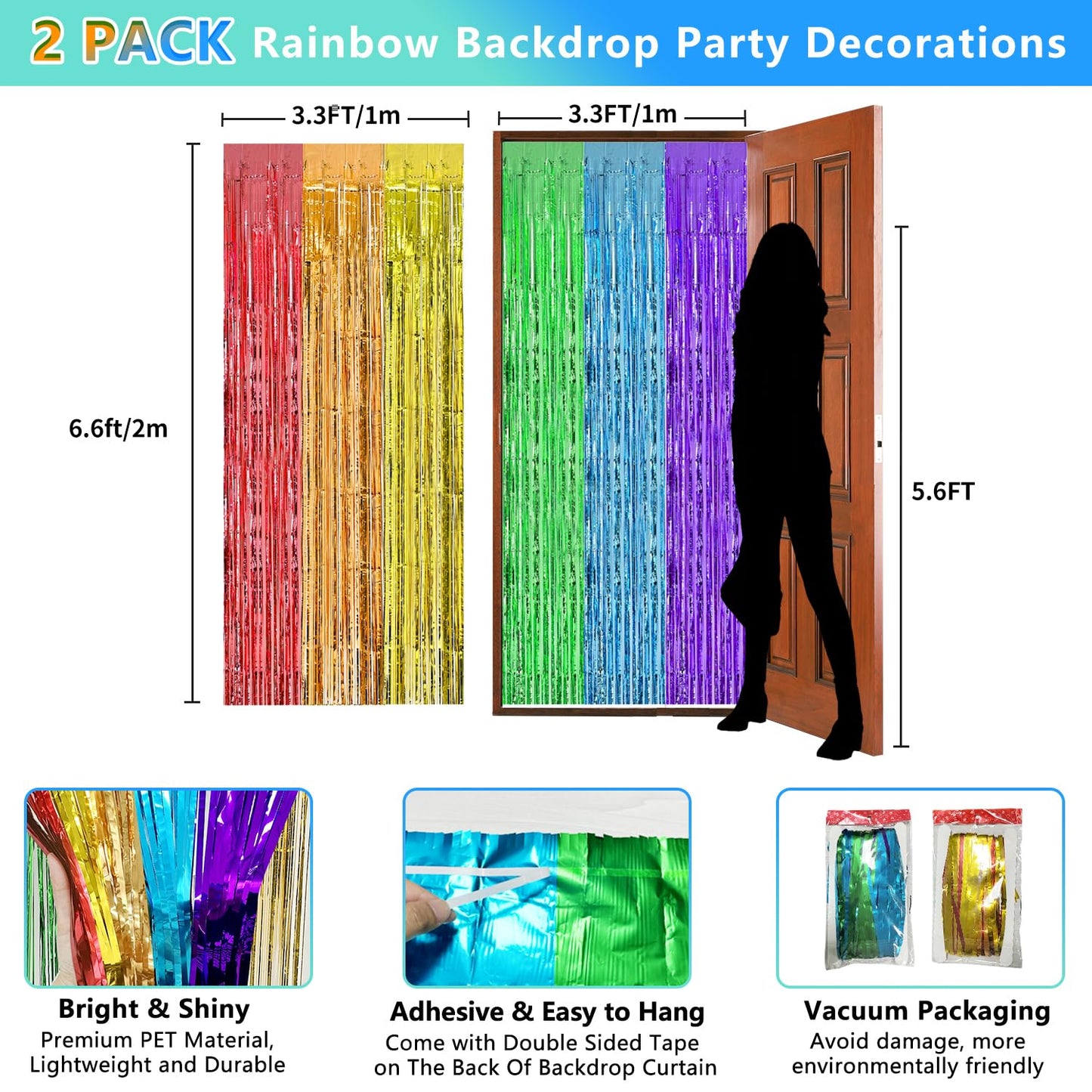 2 Pack Rainbow foil Fringe Backdrop Curtains, 3.3x6.6FT Rainbow Party Decorations Tinsel Backdrop Fringe Curtain Party Streamer for Birthday Party Engagement Graduation Pride Back to School