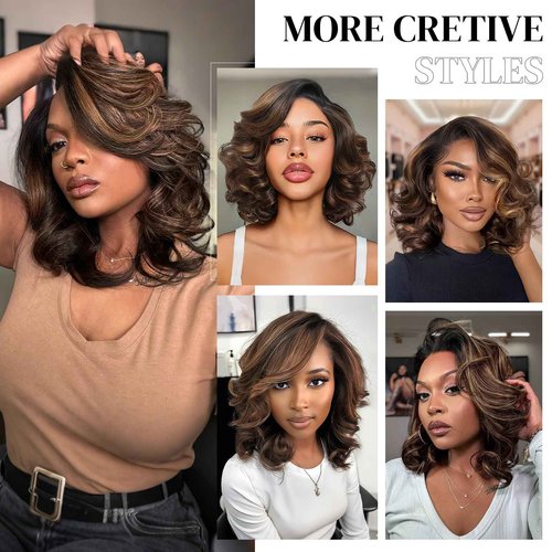 RECOOL Highlight Wig Human Hair Loose Body Short Bob Wig Human Hair Ombre Short Bob Wigs For Black Women 5x6 HD Glueless Wigs Human Hair Pre Plucked Pre Cut Bleached Knots 1B/2/30 Mixed Color Wig