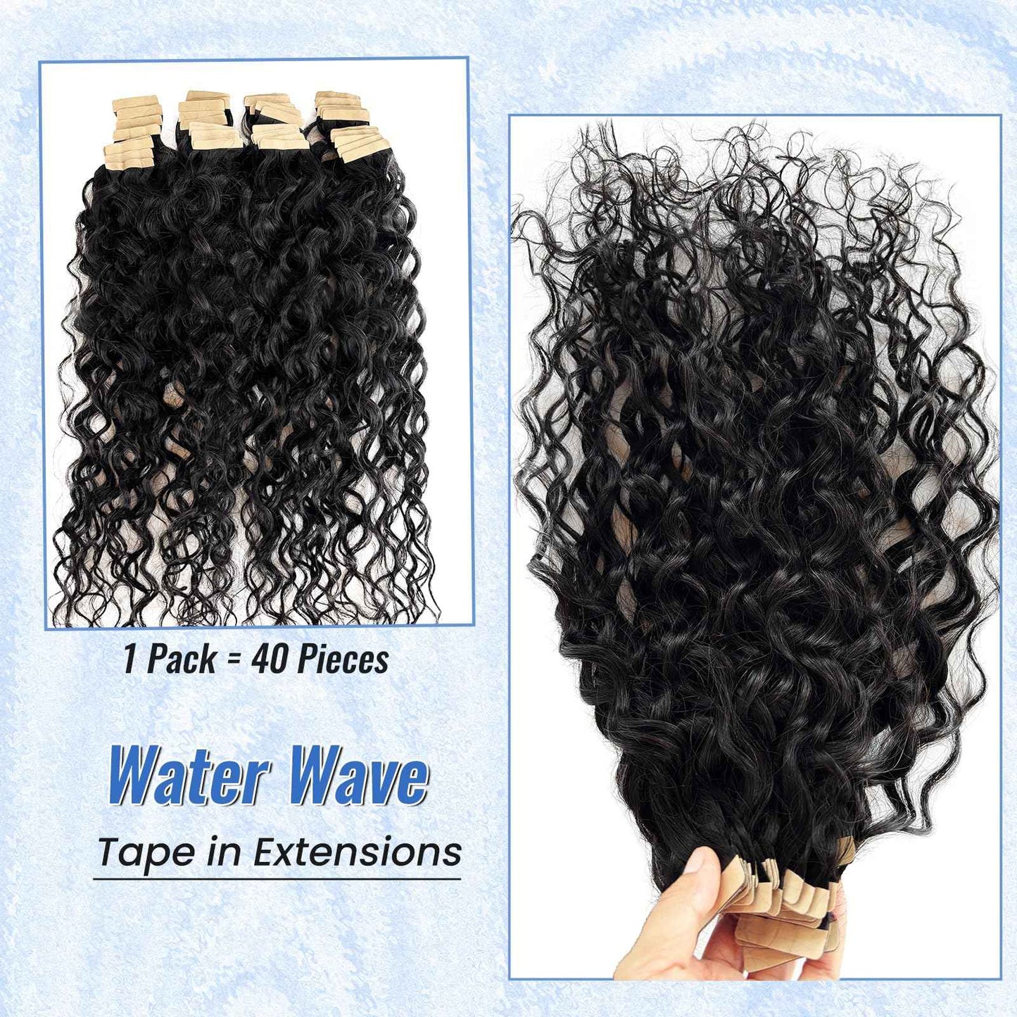 Long Curly Wave Tape in Hair Extensions Natural Color 22 Inch Water Wave Tape in Human Hair Extensions 40PCS 100G Thick and Full Invisible Tape ins Water Wave Real Remy Human Hair Pieces Black