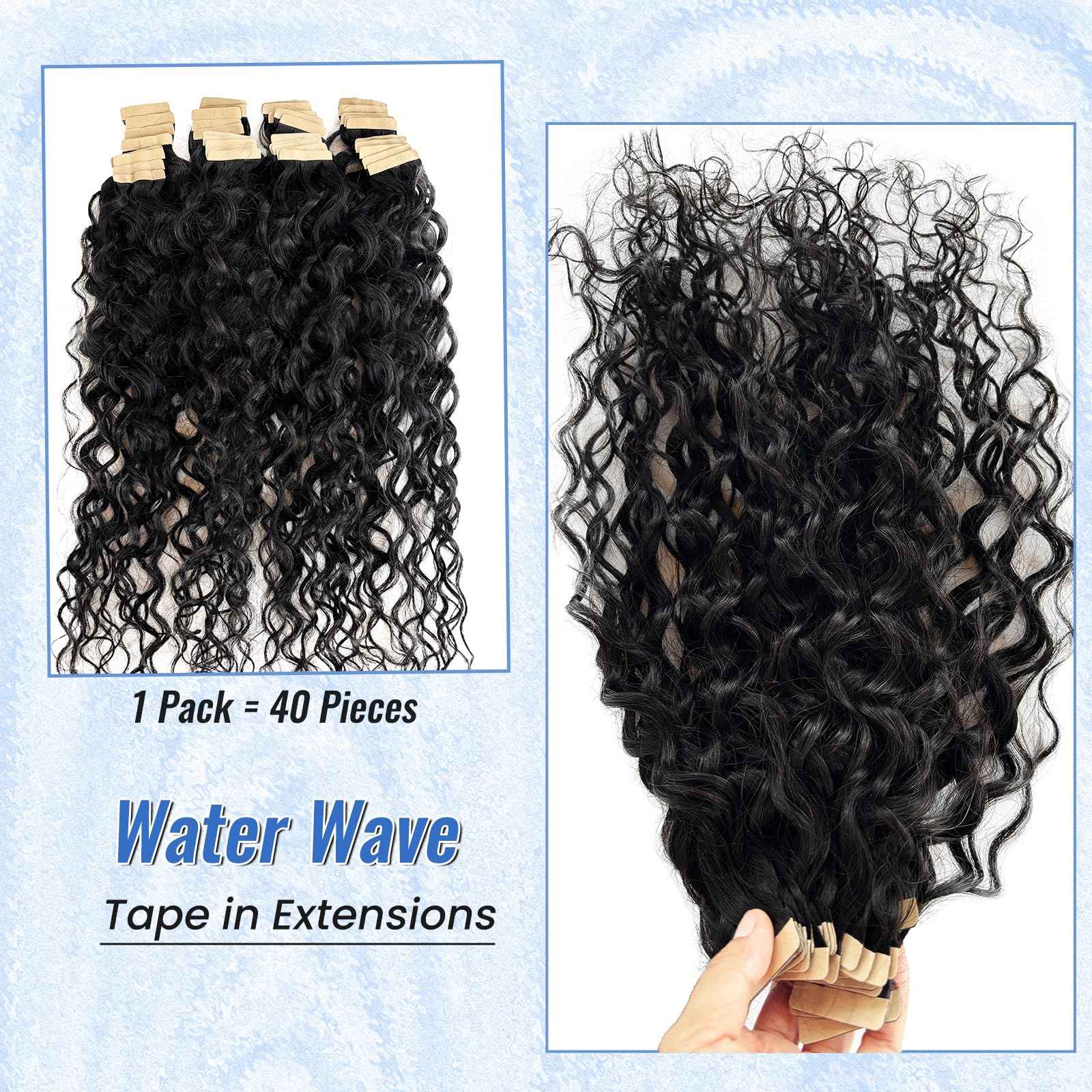 Long Curly Wave Tape in Hair Extensions Natural Color 22 Inch Water Wave Tape in Human Hair Extensions 40PCS 100G Thick and Full Invisible Tape ins Water Wave Real Remy Human Hair Pieces Black