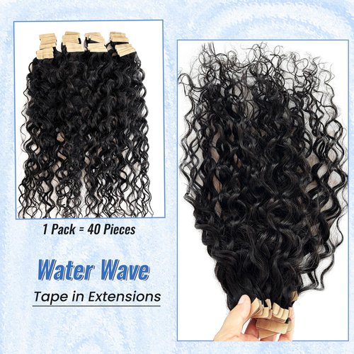 Water Wave Hair Extensions Tape in Weft Hair Extensions Real Human Hair 100G 40 Pieces Remy Curly Tape in Hair Extension Human Hair #1B Black Water Wave Tape ins 20 Inch 2 Sets for Full Head