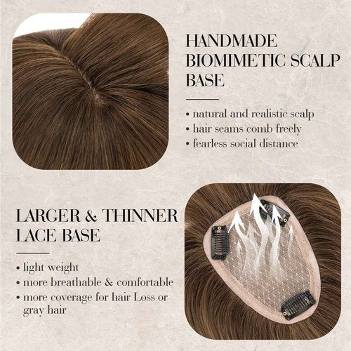 S-noilite Hair Toppers for Women Real Human Hair, 100% Human Hair Toppers with Bangs for Thin Hair, 3.5"*4.7" Handmade Nature-mimicking Scalp Base 12” Natural Brown