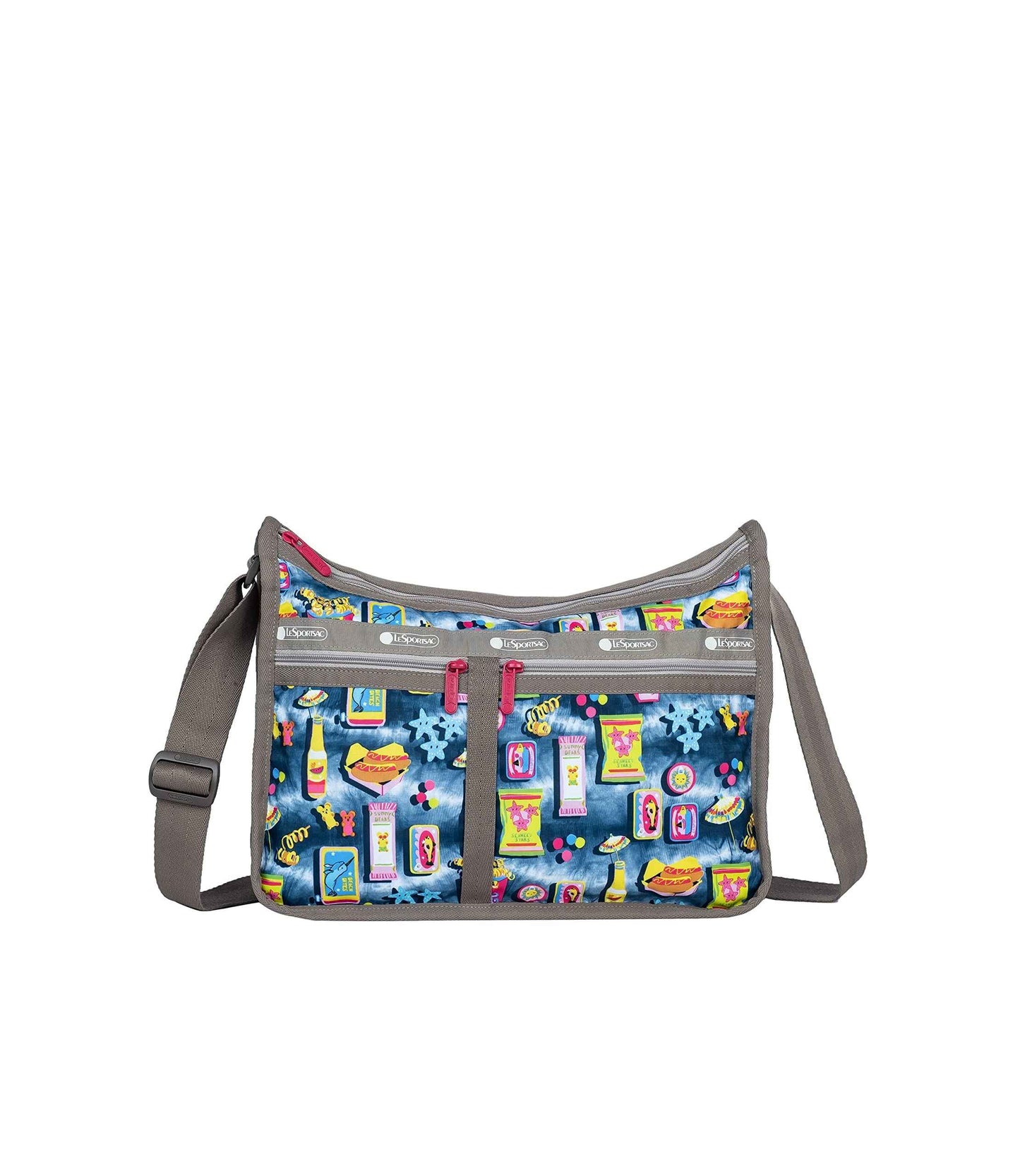 LeSportsac Beach Snacks Deluxe Everyday Crossbody Bag + Cosmetic Bag, Style 7507/Color F949, Vibrant Pop Art Style Beachy Graphics: Hot Dogs, French Fries & Tropical Drinks, Unique Hot Pink Zip Pull