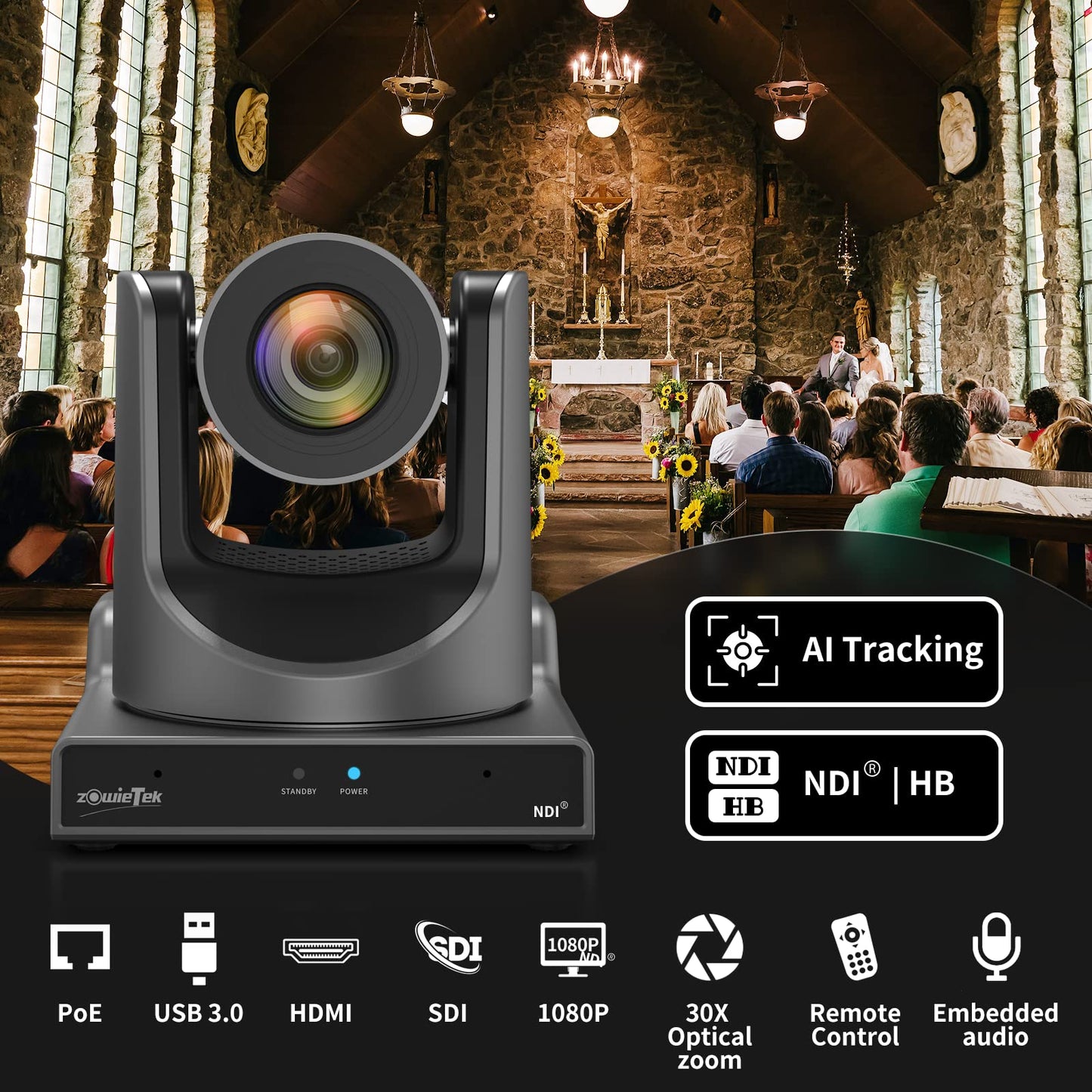 zowietek New Gen PTZ Camera PoE | AI Tracking | 30X Optical Zoom | NDI|HB (Full NDI) with simultaneous SDI, HDMI and USB Outputs | IP Live Streaming for Meeting, Church, Events, Teaching