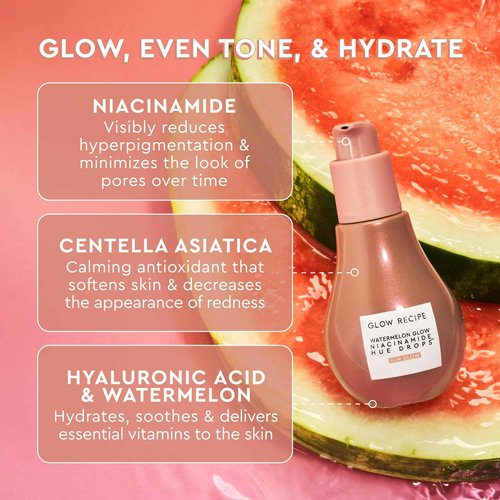 Glow Recipe Watermelon BHA + PHA Pore Tight Facial Toner (40 ml) + Plum Plump Hyaluronic Acid Cream (20 ml) + Niacinamide Bronzing Hue Drops (40 ml) - Skincare Travel Kit for Glowing Skin