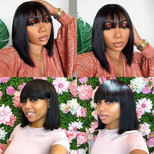 ROSELINE Short Bob Wig Human Hair Glueless HD 1X3 Lace Closure Human Hair Bob Wig With Bangs For Black Women (12Inch)