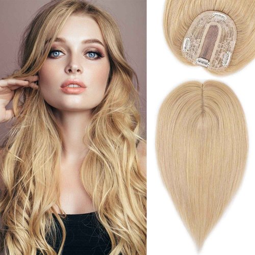 S-noilite Silk Base Topper Clip in Human Hair Piece Toupee Top Hair Extensions Silk Topper for Women Replacement for Slight Hair Loss Thinning Hair 130% Density (10"-35g,#24 Natural Blonde)