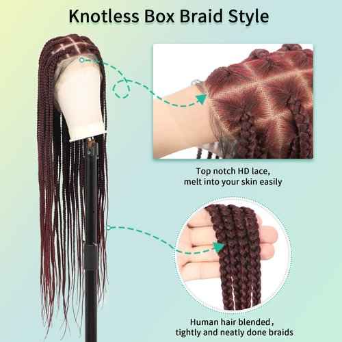 Fecihor 360 HD Full Lace Knotless Braided Wigs with Baby Hair Box Braid Wig for Women Premium Synthetic Burgundy Natural Braided Lace Front Wigs 36 Inch