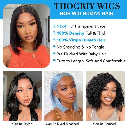 Thogriy Bob Wig Human Hair 13x4 HD Transparent Lace Front Straight Wigs 180% Density 16 Inch Pre Plucked Short Bob Straight Wigs Human Hair for Women Natural Black Color