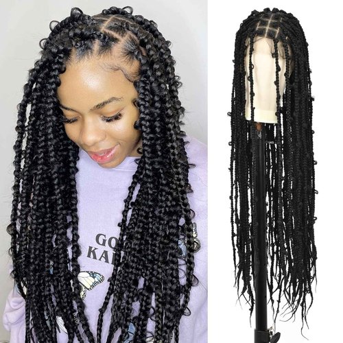 Lexqui 36" Knotless Box Braided Wigs for Women Butterfly Lace Braided Wigs Embroidery Full Double Lace Front Braided Wig with Baby Hair Synthetic Lace Frontal Braiding Hair Wigs Black
