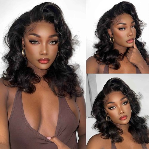 KinMos 16 Inch 13x6 Bob Wig Human Hair 200 Density HD Lace Front Wigs Human Hair Body Wave Lace Front Wigs Human Hair Wig Short Bob Wigs for Black Women Glueless Wigs Pre Plucked with Baby Hair