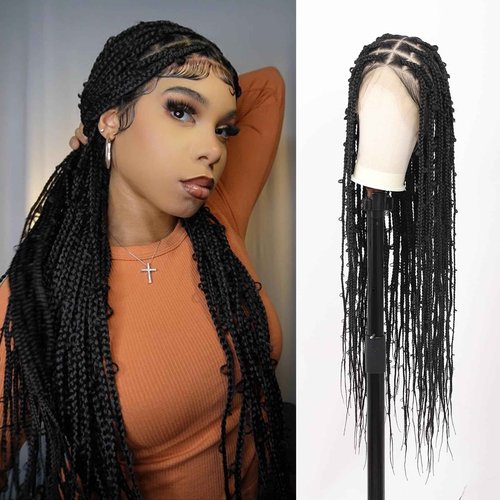Fecihor 360° HD Full Lace Knotless Braided Wigs for Women Box Braid Wig with Baby Hair Premium Synthetic Natural Looking Black Butterfly Braided Lace Front Wigs 36 Inch