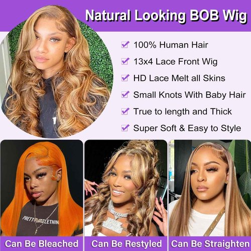 Hihmarm 16 Inch Highlight Bob Wig Human Hair 13x4 Body Wave HD Lace Front Wigs Human Hair Pre Plucked 180% Density Glueless Ombre Lace Front Wig Human Hair Bob Wigs for Black Women Natural Hairline