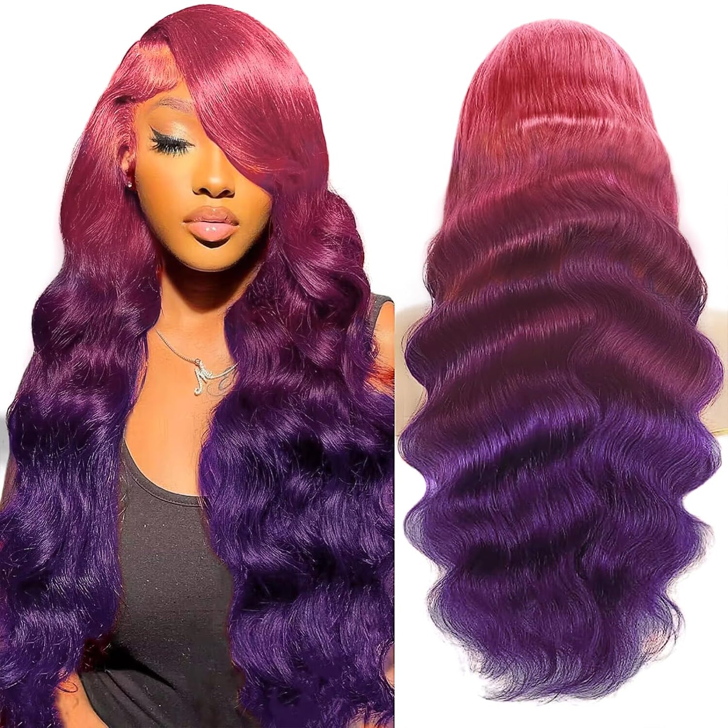 GGEDUO Dark Purple Ombre Lace Front Wig Human Hair Body Wave Burgundy Ombre 13x4 HD Glueless Lace Front Wigs 3 Tone Pink to Red and Purple Colored for Fashion Women 180% Density 18 Inch