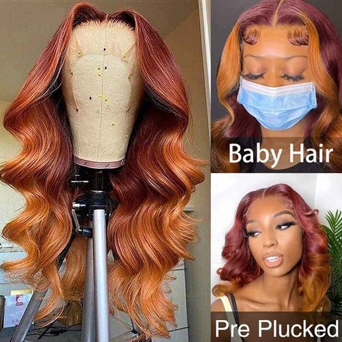 haha Red Orange Ombre Lace Front Wig Human Hair Ginger Red Highlight Lace Front Wig 13x4 Body Wave Lace Frontal Wigs Colored Pre Plucked Brazilian Remy Hair Skunk Stripe Wig 18 Inch 150% Density