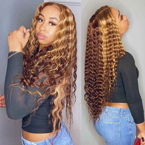 BLY Highlight Human Hair Lace Front Wigs Deep Wave #4/27 Ombre Colored Glueless Wigs Pre Plucked 16 Inch 4x4 Transparent Curly Water Wave Lace Wig Honey Blonde Real Human Hair 180% Density