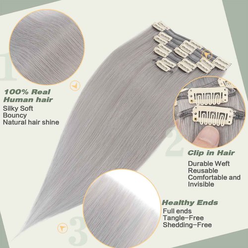 Clip in Hair Extensions Human Hair S-noilite Gray Human Hair Hair Clip in Extensions Full Head 8 Pieces/18 Clips 100% Real Human Hair Silky Straight 18"-100g Light Gray (#G1)