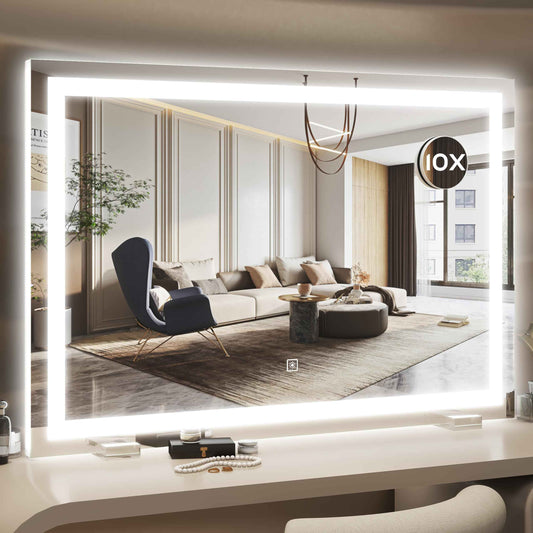 HNV Vanity Mirror with Lights 32"x22" Large Lighted Makeup Mirror, Dimmable 3-Color LED, Touch Screen, Wall-Mount or Tabletop, Ultra-Clear for Bathroom & Bedroom (White)