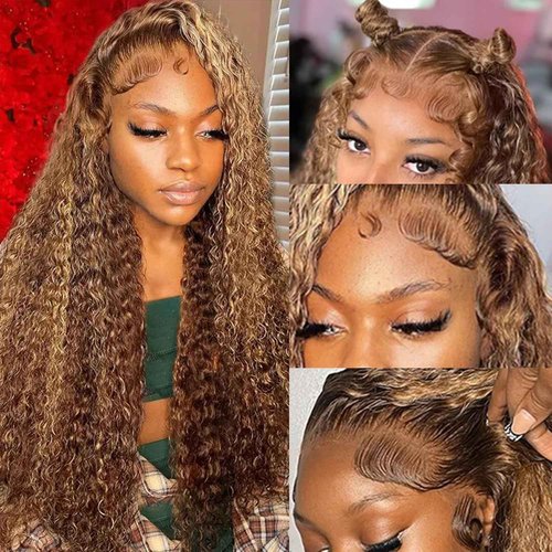 ZZMDS 28 Inch 13x6 Highlight Ombre Deep Wave Lace Front Wigs Human Hair Pre Plucked #4/27 Colored Glueless Wigs Water Wave Honey Blonde Curly Lace Frontal Wigs Human Hair for Women