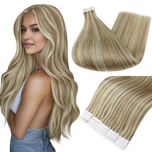 Full Shine Tape in Hair Extensions Remy Tape ins Human Hair Extensions Seamless Human Hair 16 Light Golden Blonde Highlighted 22 Blondes Extensions Tape for Women 24Inch Long Hair Add Length 20Pcs 50G