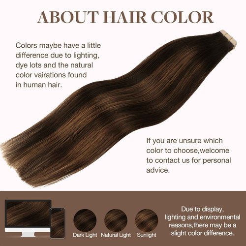 GOO GOO Tape in Hair Extensions Human Hair, 2/30/2 Balayage Expensive Brunette, 24inch 50g 20pcs, Skin Weft Seamless Invisible, Silky Straight with Thick Ends, Remy Human Hair