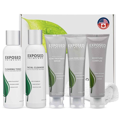 Exposed Skin Care, Expanded Acne Treatment Kit with 2.5% Salicylic Acid and 3.5% Benzoyl Peroxide to Clear Up Teen, Adult, Hormonal and Cystic Acne – Natural, Non-toxic and Cruelty Free