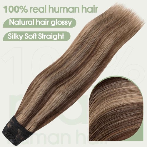 S-noilite One Piece Clip in Hair Extensions Human Hair Balayager One Piece/5 Clips 3/4 Full Head V Part Weft Thicker Hair Lace Net One Piece Hair Extensions(22"-70g,#Medium Brown/Dark Blonde)