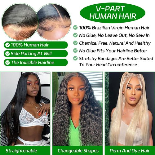V Part Wig Human Hair Kinky Straight Wig Human Hair For Women Glueless Yaki Straight Half Wigs For Black Women Full Head Clips In No Leave Out Natural Color 150% Density 20 Inch