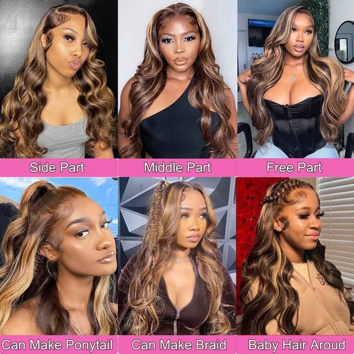 SKYDO Highlight Lace Front Wig Human Hair 4/27 Ombre Honey Blonde Lace Front Wig Pre Plucked 13x4 HD Lace Front Wigs Human Hair 180 Density Body Wave Frontal Wigs for Women 24inch