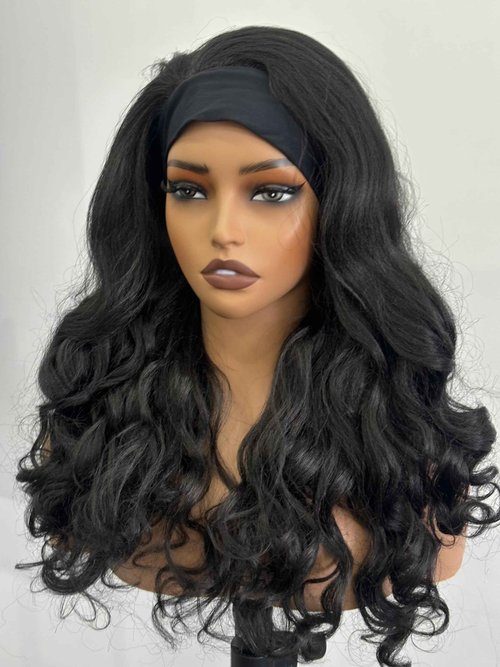 Emistar YAKI Body Wave Headband Wig Loose Curly Heabdand Wigs Glueless Synthetic Hair Natural Black Wigs for Black Women None Lace Front Wigs Headband Wigs 150% Density (Long)